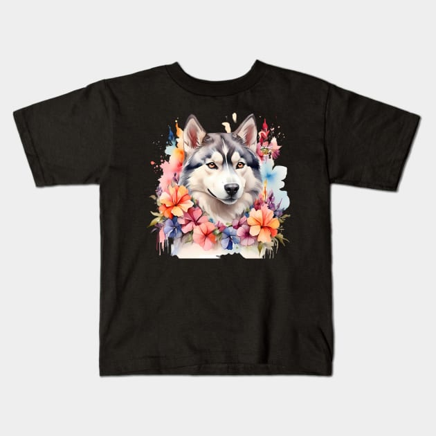 A siberian husky decorated with beautiful watercolor flowers Kids T-Shirt by CreativeSparkzz